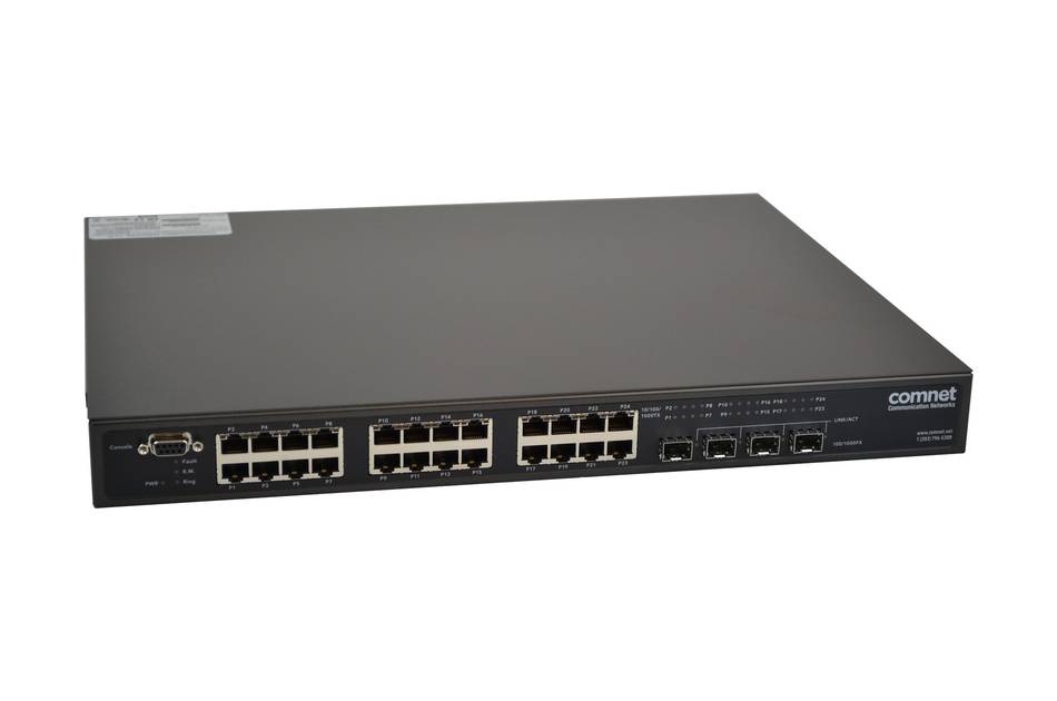 Schwarzer Comnet-Netzwerk-Switch mit mehreren Ethernet-Anschlüssen und mehreren Glasfaser-Uplink-Anschlüssen auf der Frontplatte.