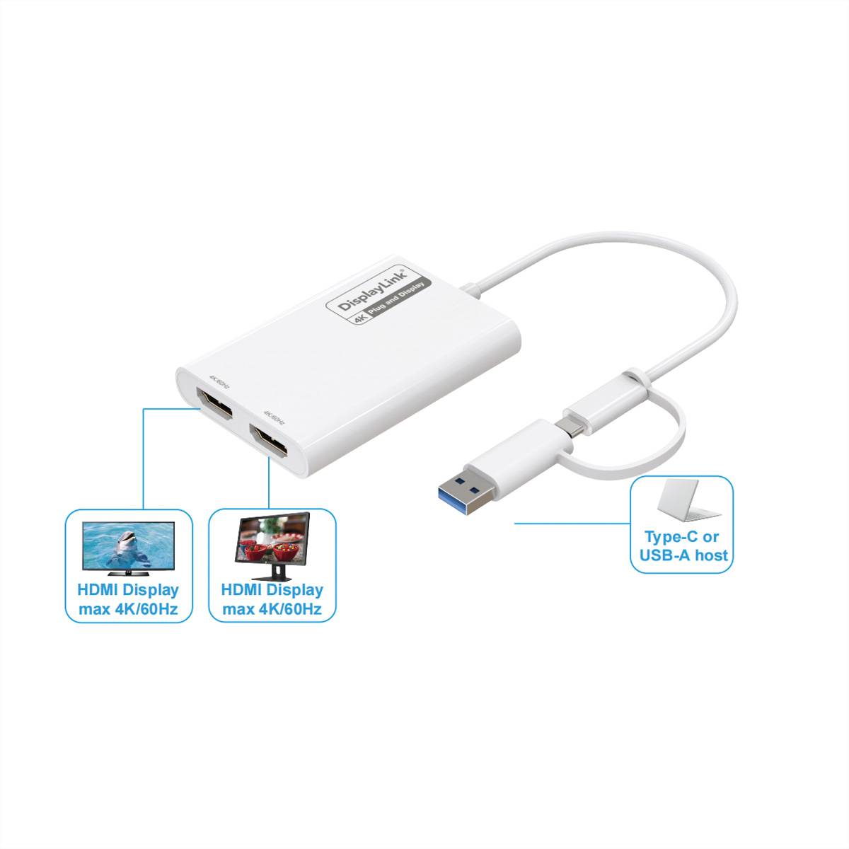 ROLINE Multi-DisplayLink Adapter USB Typ A+C - 2x HDMI, Multi-Stream 4K