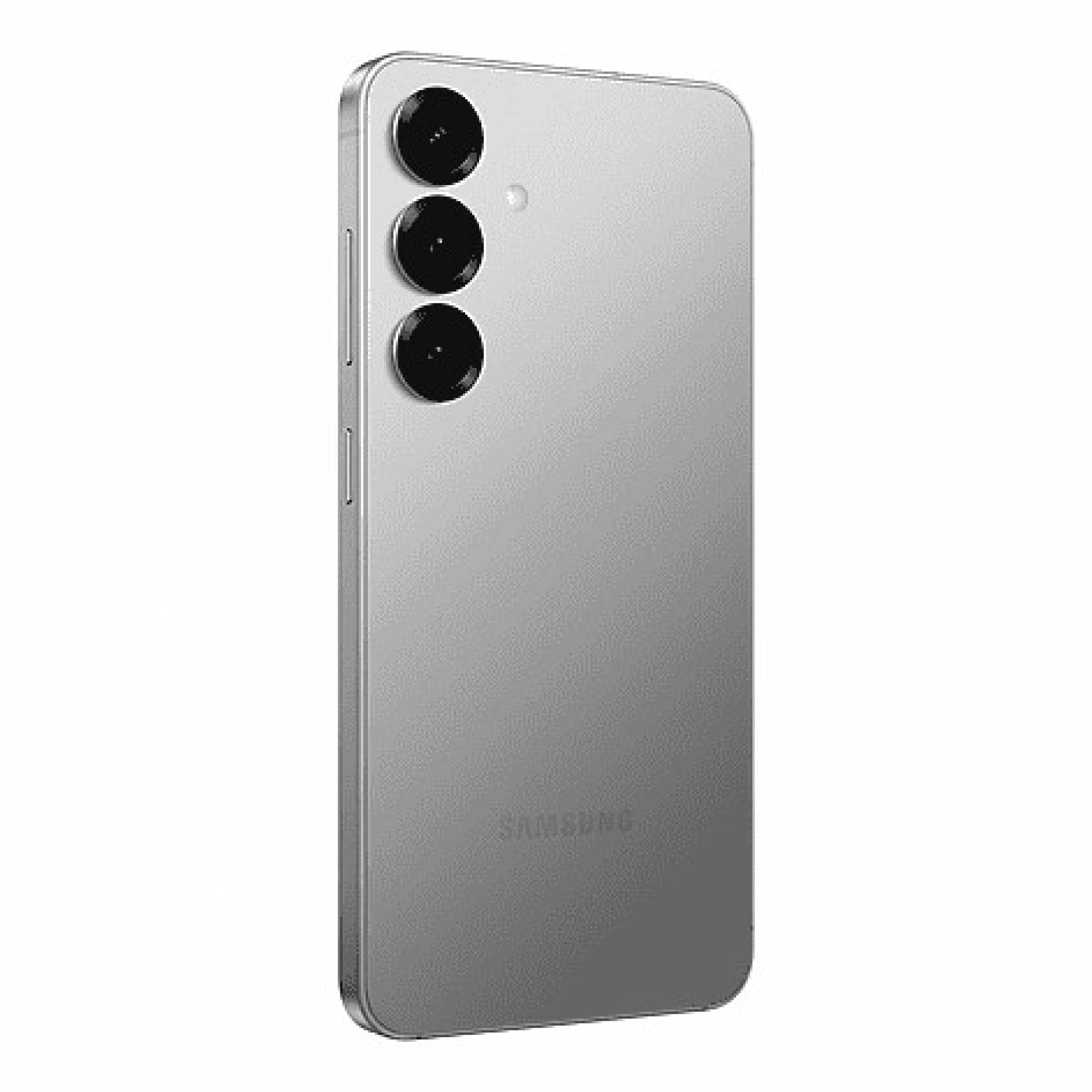 Rückansicht eines silbernen Samsung-Smartphones mit drei vertikal angeordneten Rückkameras und Blitz auf weißem Hintergrund.