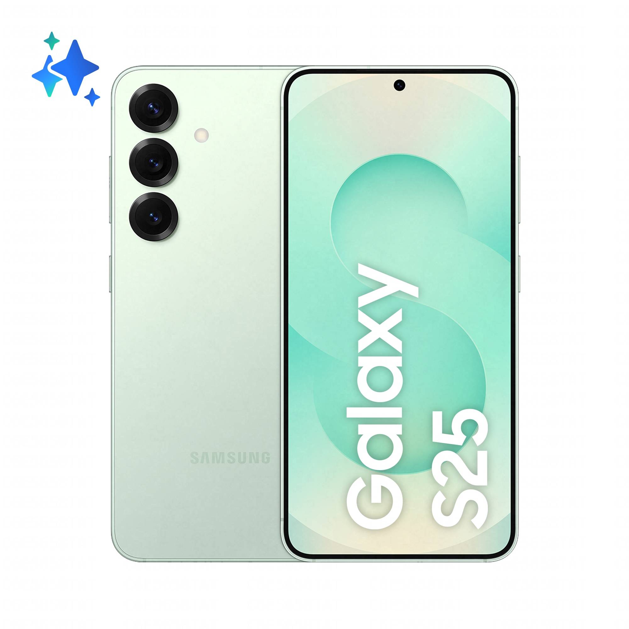 Samsung Galaxy S25 Smartphone in Mintgrün von vorne und hinten gezeigt, mit dreifacher Rückfahrtkamera und 