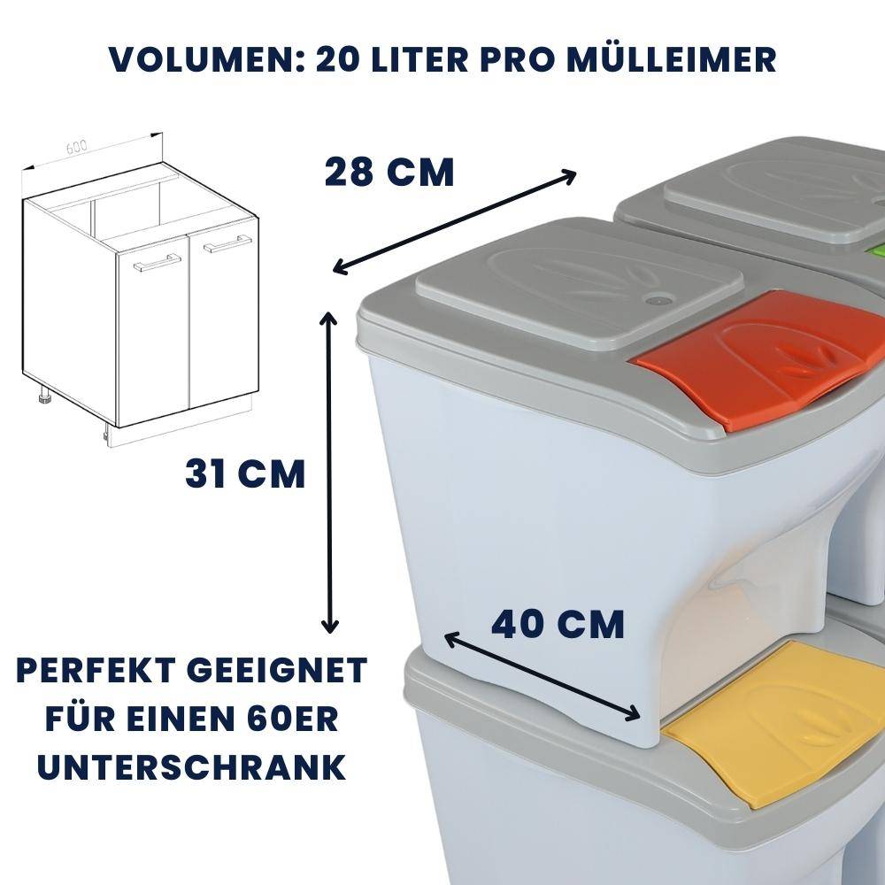 Mülltrennsystem Küche 4 Fach Freistehend Stapelbar Küche Schrank 60er Unterschrank 4 x 20 L Mülleimer Abfalleimer Mülltrenner Müllsortierer