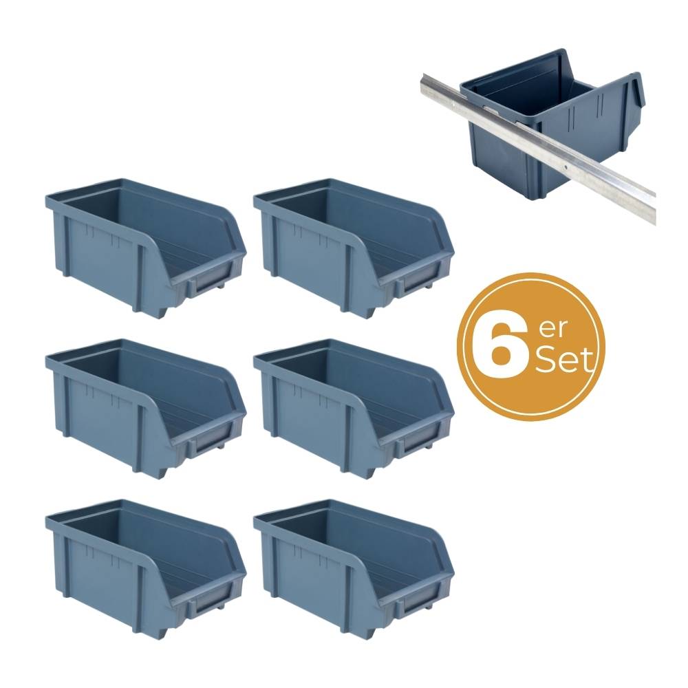 Stapelboxen Schraubenbox Lagerboxen Stapelboxen Werkstatt Sichtlagerboxen klein groß Set Wandhalterung Wand 6x Stapelbox Gr.2 + Metallschiene