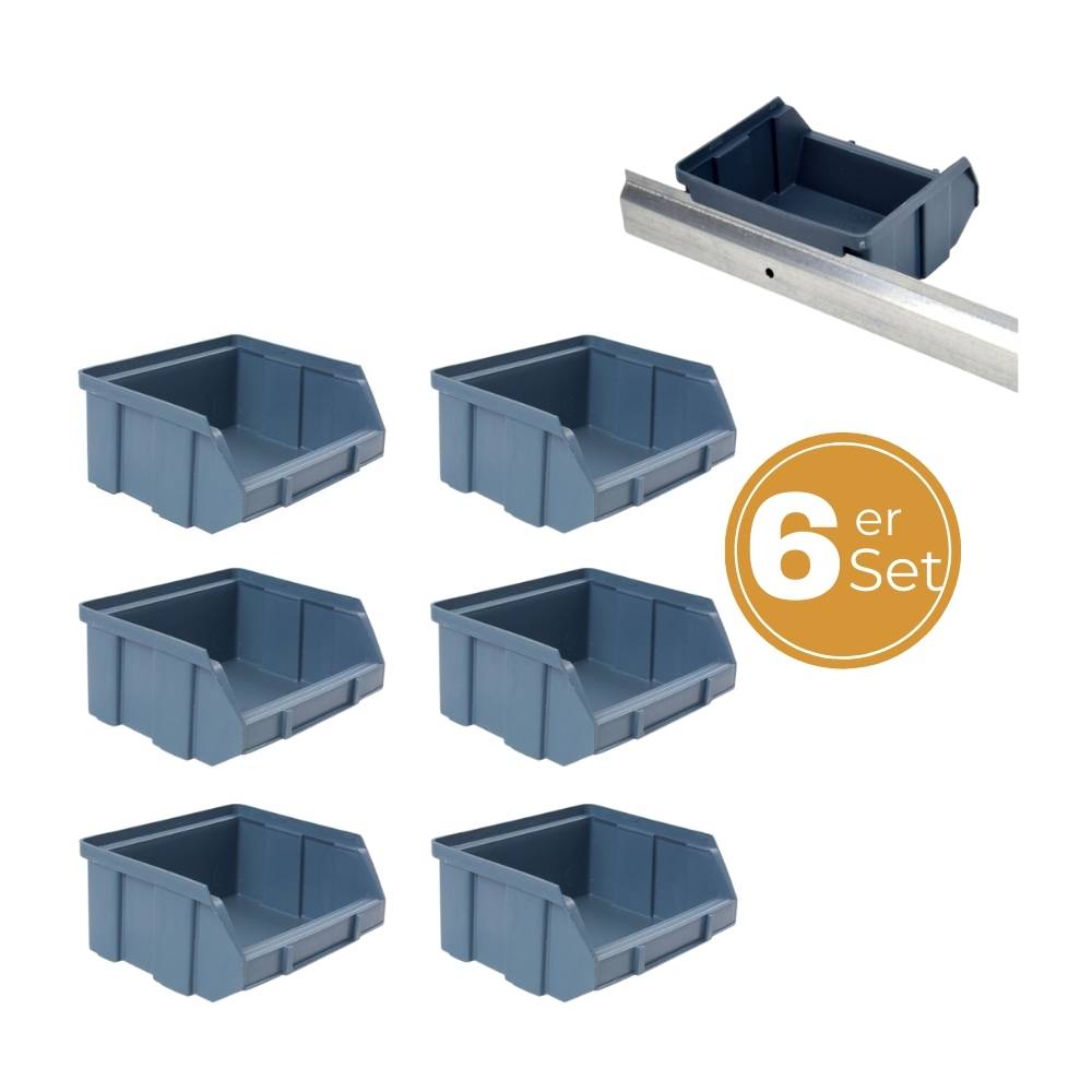 Stapelboxen Schraubenbox Lagerboxen Stapelboxen Werkstatt Sichtlagerboxen klein groß Set Wandhalterung Wand 6x Stapelbox Gr.1 + Metallschiene