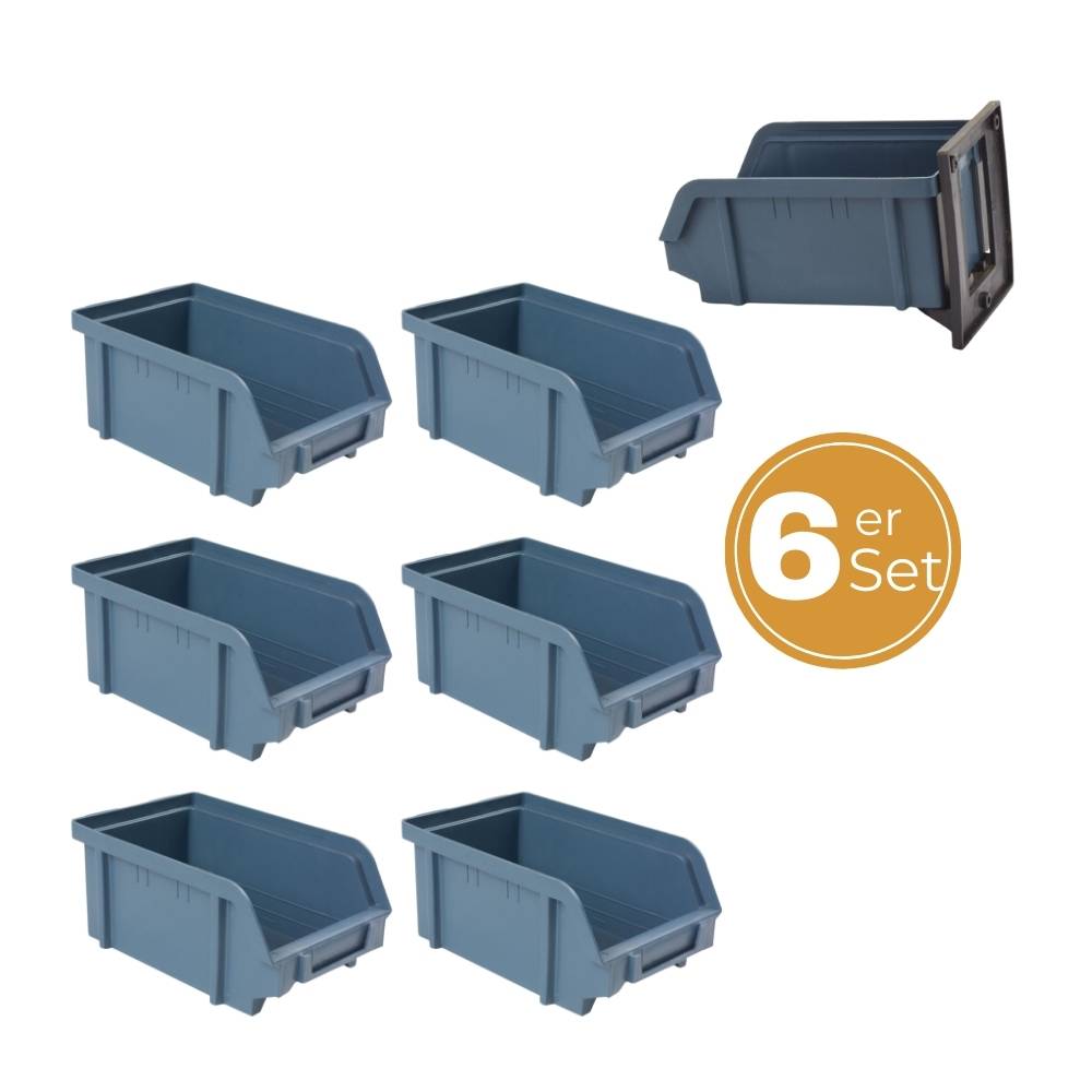 Stapelboxen Schraubenbox Lagerboxen Stapelboxen Werkstatt Sichtlagerboxen klein groß Set Wandhalterung Wand 6x Stapelbox Gr.2 + 6x Kunststoffhalter