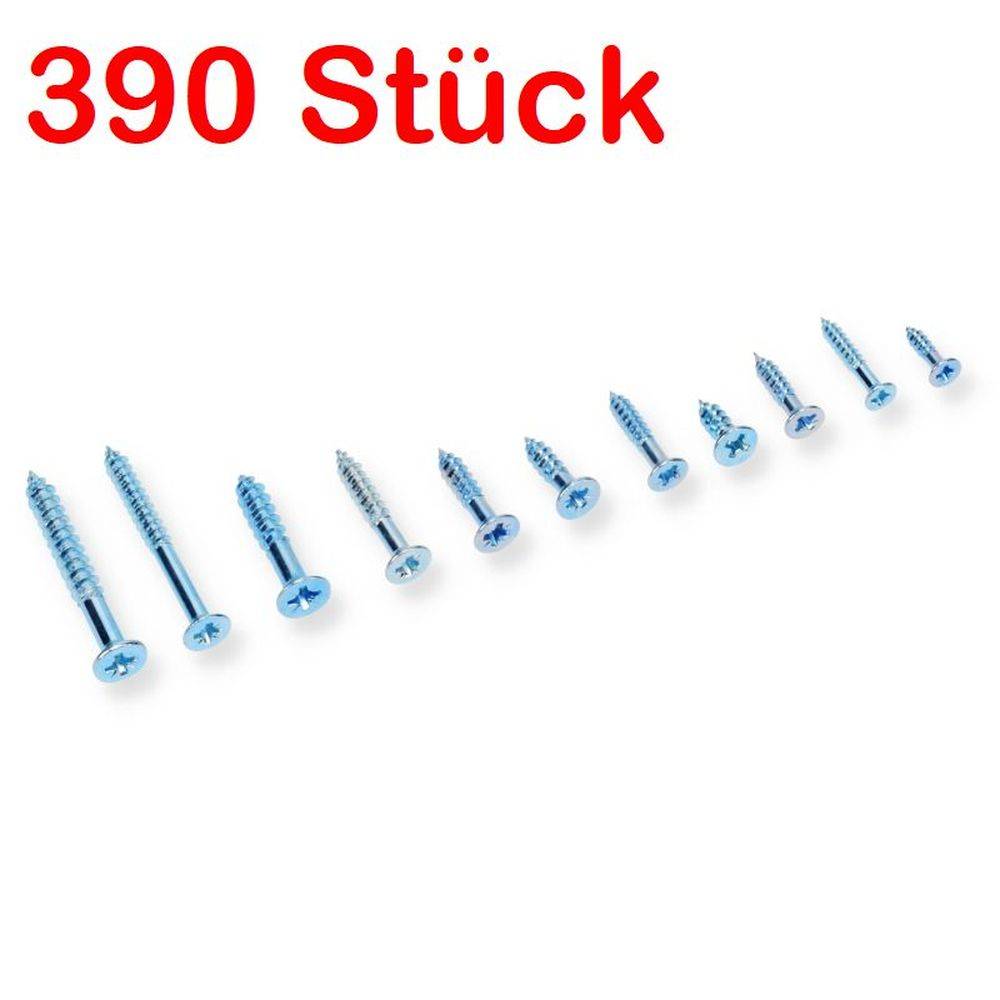 Spanplatten Holz Schrauben Set Sortiment 390 tlg Teller Flach Kopf Verzinkt