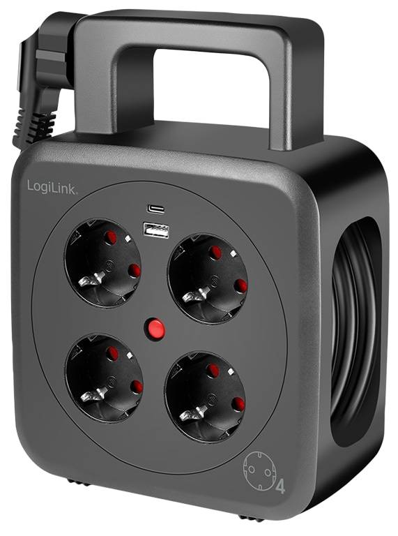 Steckdosenleiste mit vier rot umrandeten Steckdosen, einem USB-Anschluss und spiralförmigem schwarzem Kabel. Entwickelt für kompaktes und effizientes Strommanagement.