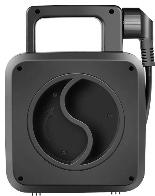 Eine Nahaufnahme eines schwarzen Koffergriffs und Rads. Das Design ist modern und zeigt ein kreisförmiges Muster mit einem Pfeil, der Richtung oder Bewegung andeutet.