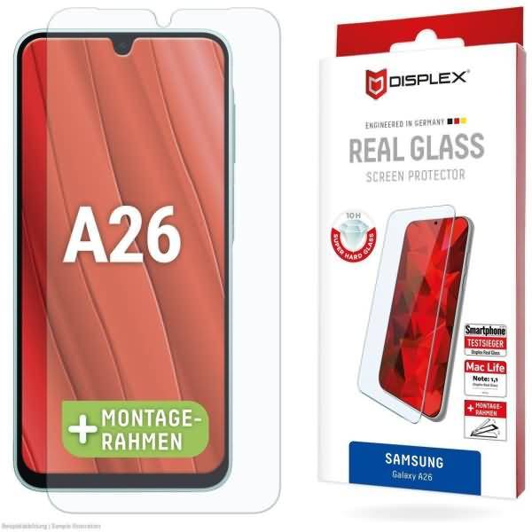 Samsung Galaxy A26 echter Glasbildschirmschutz mit Montagerahmen, auf Telefon und Einzelhandelsverpackung gezeigt.