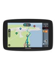 GPS-Geräteschirm zeigt eine Karte mit einer in Blau markierten Route, aktueller Uhrzeit, Entfernung zum Ziel und geschätzter Ankunftszeit.