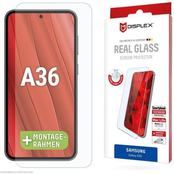 Samsung Galaxy A36 echter Glaskantenschutz mit Montagerahmen, gezeigt als klare Handyfolie und Einzelhandelspackunng.