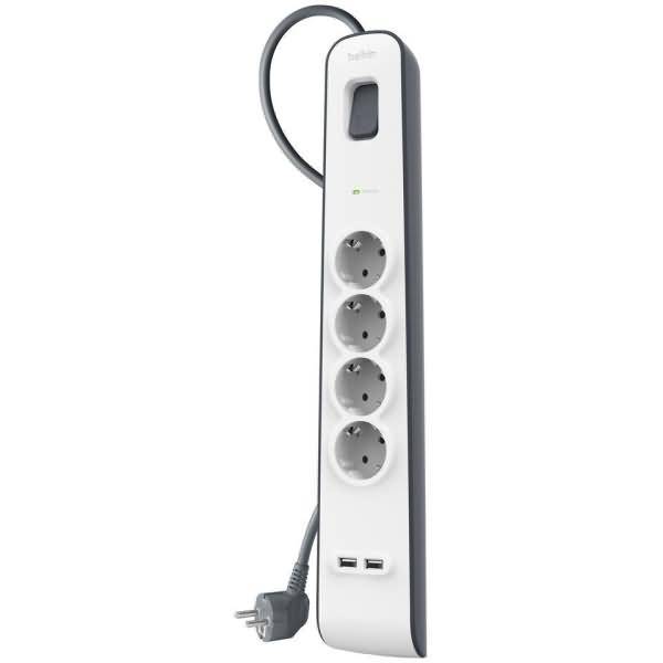 Weiße Steckdosenleiste mit vier runden Steckdosen, zwei USB-Anschlüssen, einem Kabel und einem Ein-/Ausschalter.