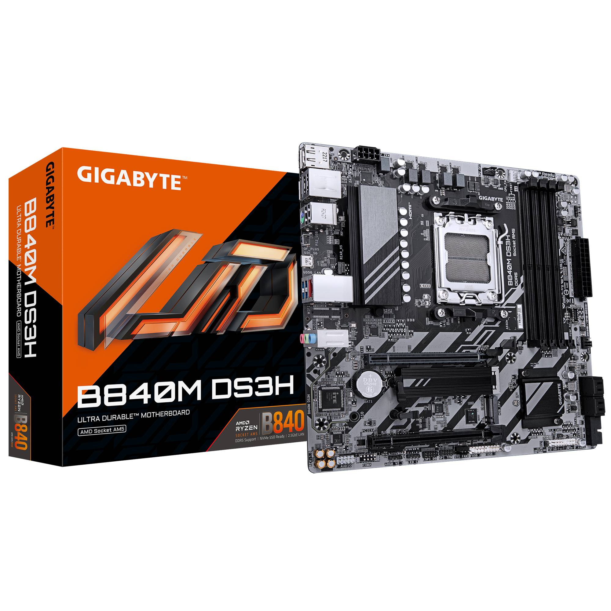 GIGABYTE B840M DS3H Mainboard – AMD Ryzen 9000 CPUs, 8+2+2 Phasen VRM, bis zu 8200 MHz DDR5, 2xPCIe 4.0 M.2, 2.5GbE LAN, USB 3.2 Gen 1, AMD, Sockel