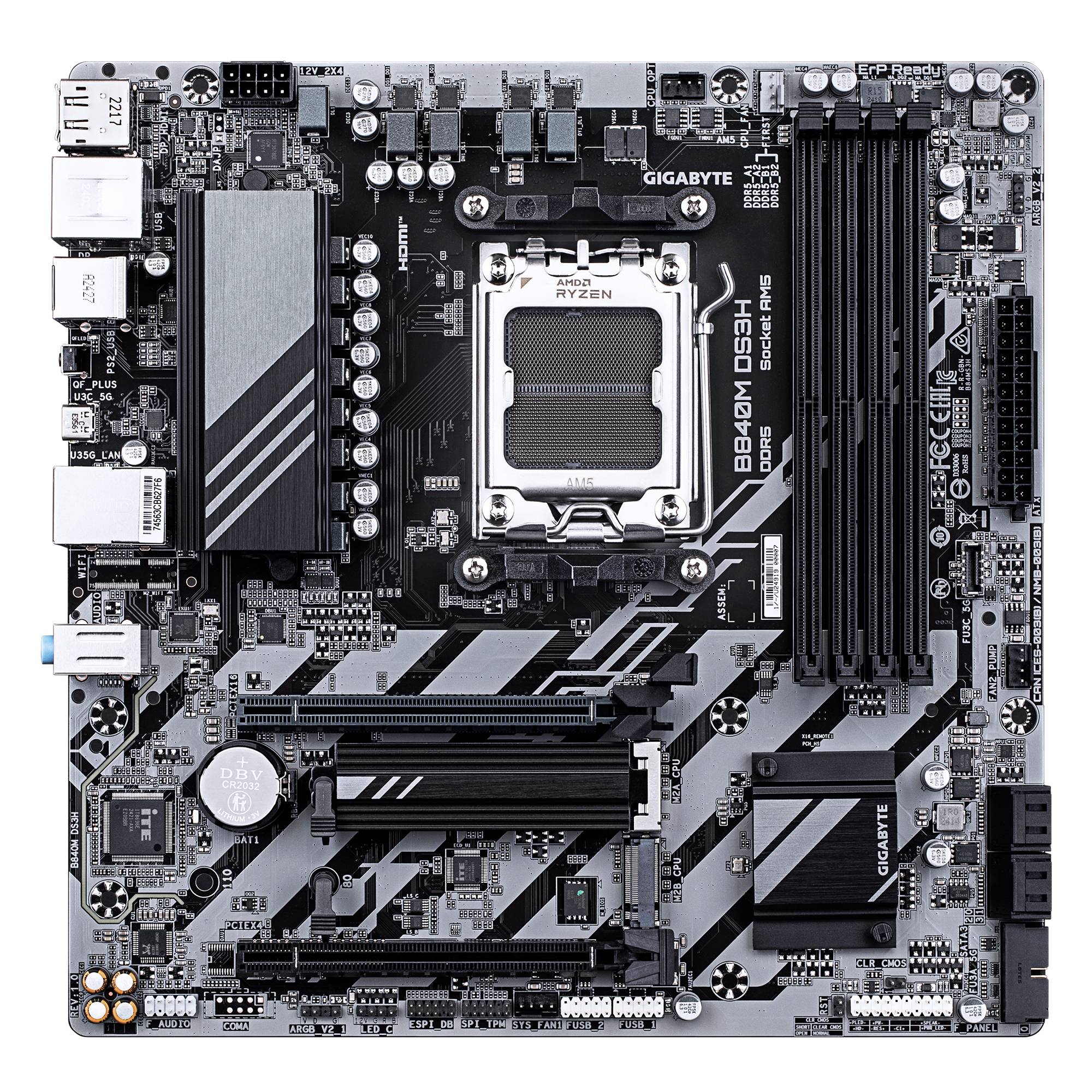 GIGABYTE B840M DS3H Mainboard – AMD Ryzen 9000 CPUs, 8+2+2 Phasen VRM, bis zu 8200 MHz DDR5, 2xPCIe 4.0 M.2, 2.5GbE LAN, USB 3.2 Gen 1, AMD, Sockel