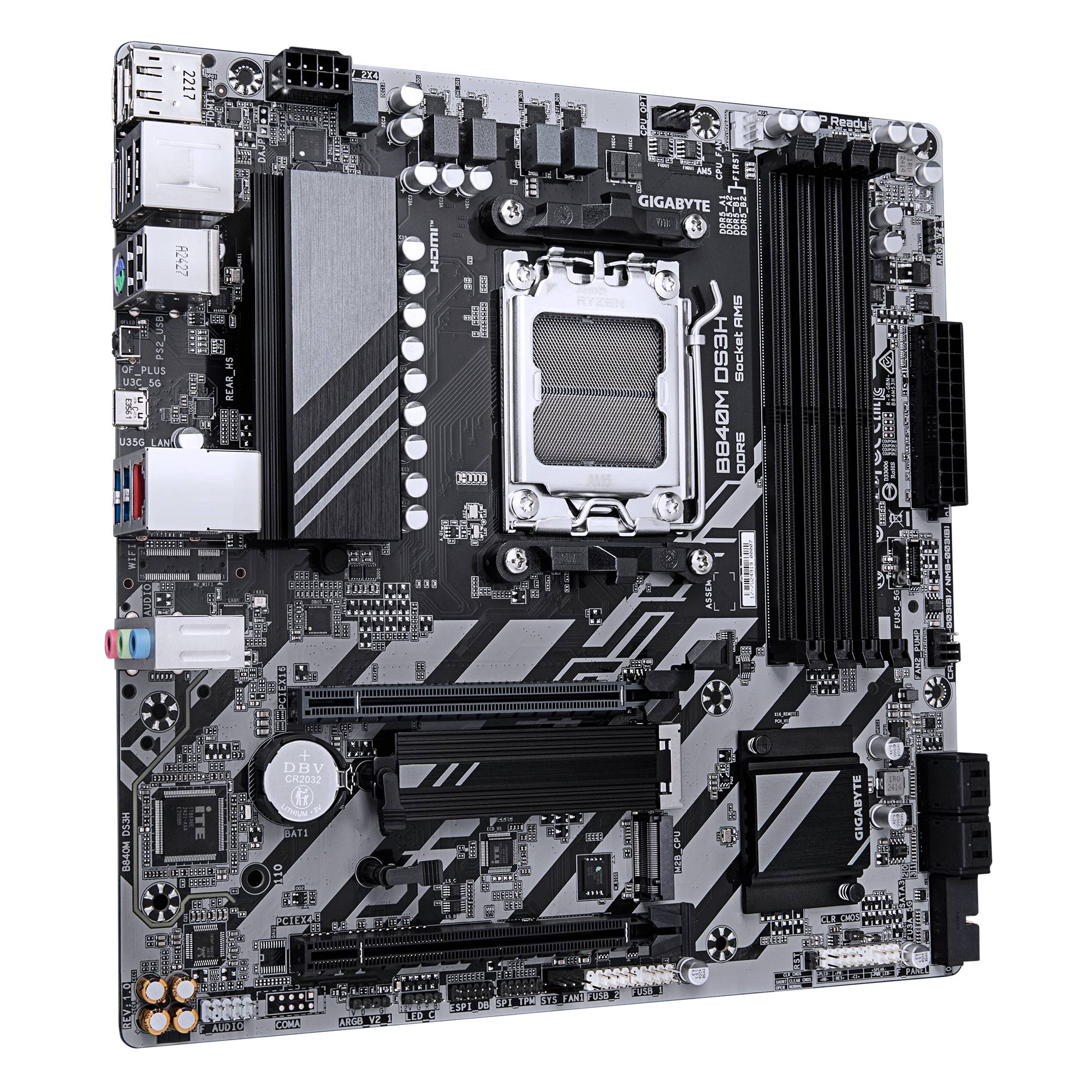 GIGABYTE B840M DS3H Mainboard – AMD Ryzen 9000 CPUs, 8+2+2 Phasen VRM, bis zu 8200 MHz DDR5, 2xPCIe 4.0 M.2, 2.5GbE LAN, USB 3.2 Gen 1, AMD, Sockel