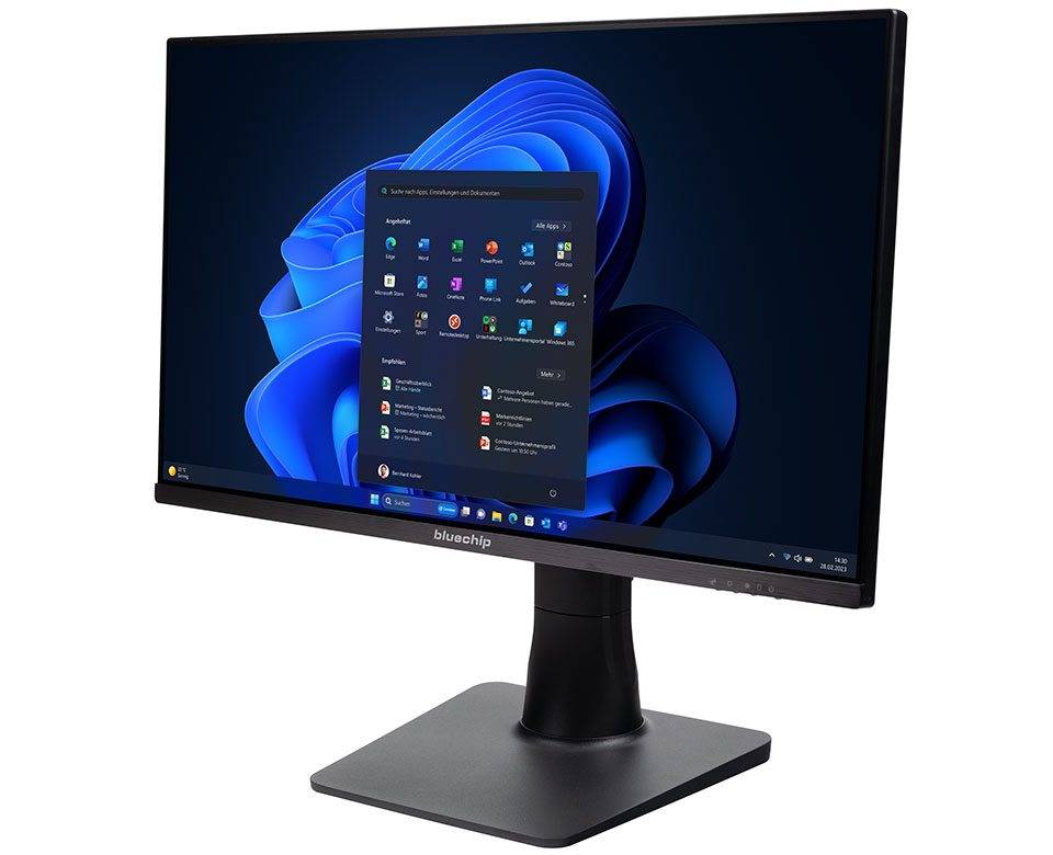 Ein Computermonitor, der einen Desktop mit dem geöffneten Startmenü von Windows 11 zeigt, mit verschiedenen App-Symbolen vor einem blauen Wirbelhindergrund.