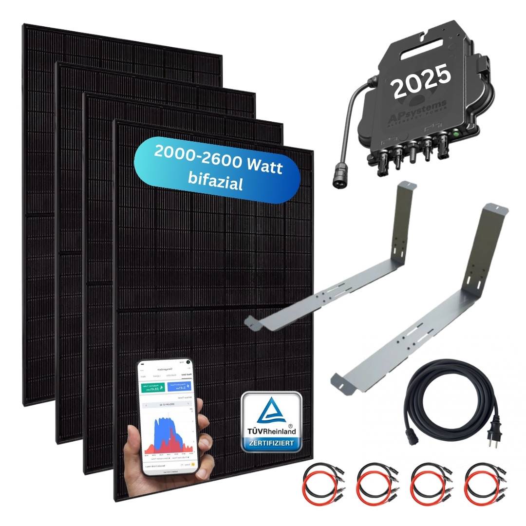 MyVoltaics® Balkonkraftwerk MyCarport XXL 2000 Watt, 4x500 Wp Module bifazial, Komplettset, APsystems WR, Flachdach, Garage, Carport, 10m