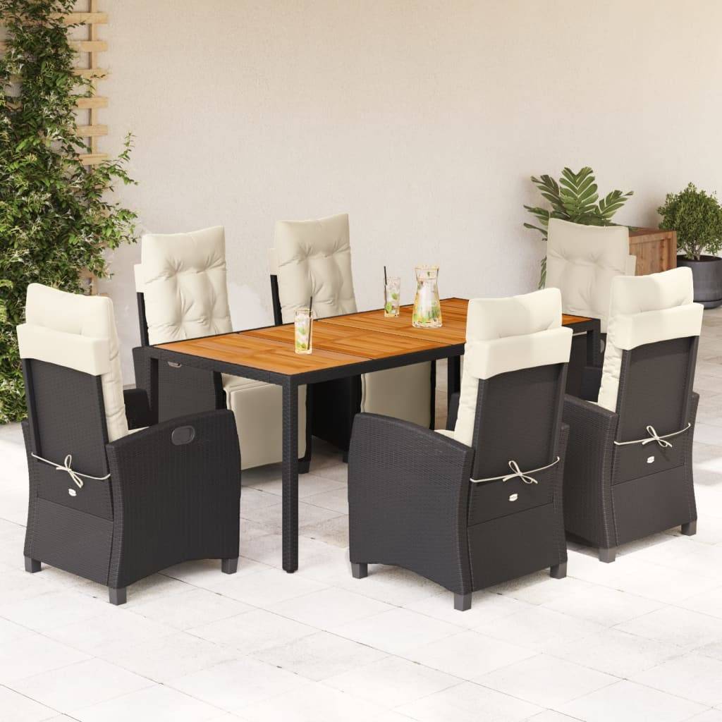 vidaXL 7-tlg. Garten-Essgruppe mit Kissen Schwarz Poly Rattan