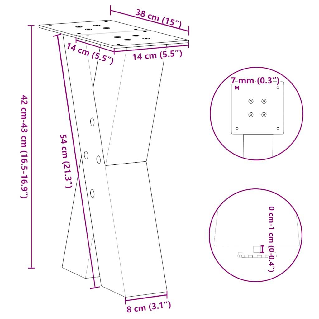 vidaXL Couchtischbeine X-Form 2 Stk. Naturstahl 38x(42-43) cm Stahl