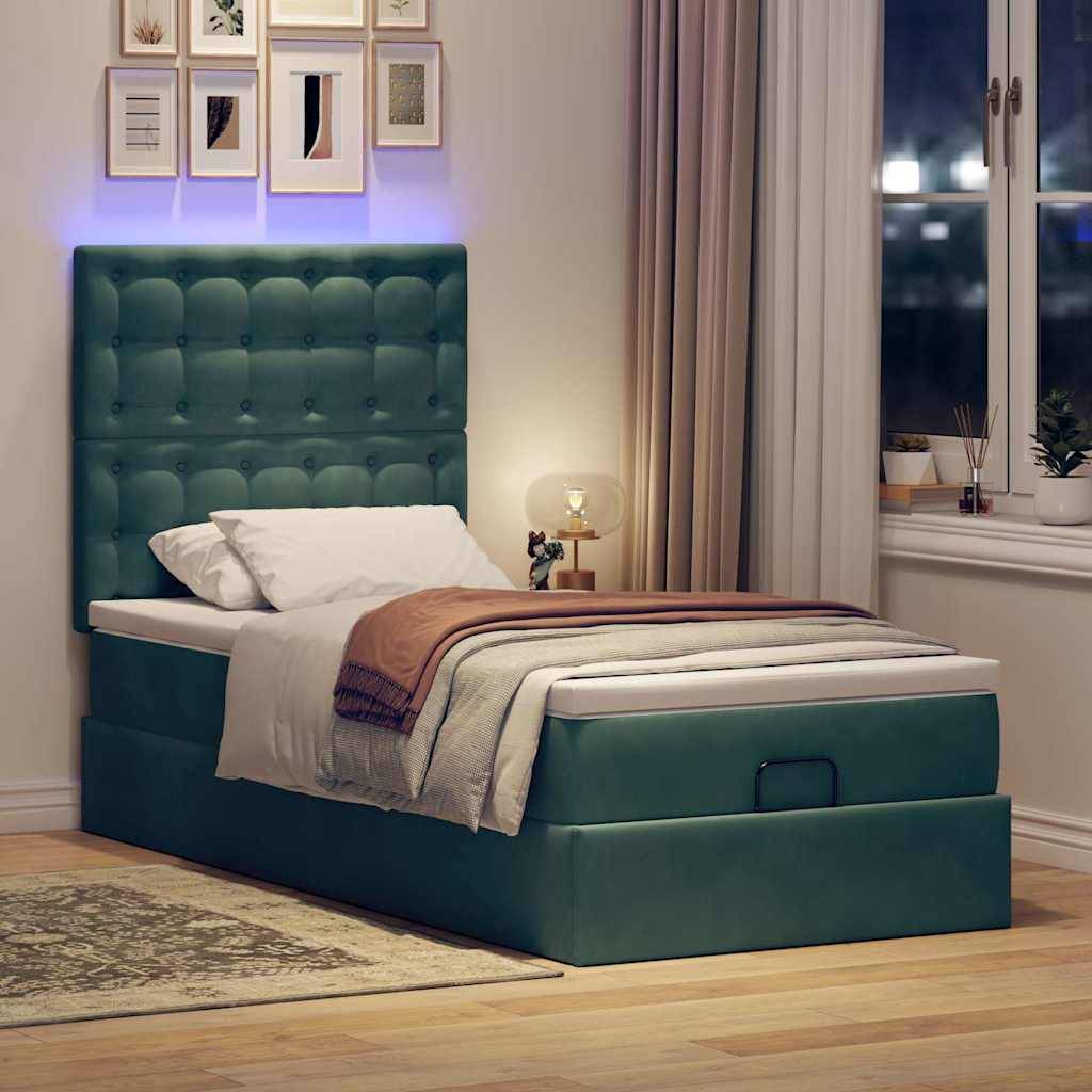 vidaXL Ottoman-Bett mit Matratzen & LEDs Dunkelgrün 80x200 cm Samt