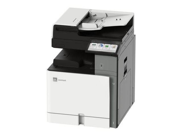 Ein schwarzer und weißer Multifunktionsdrucker mit einem Touchscreen-Display, ausgestattet mit einem Papierfach und einem Dokumenteneinzug oben.