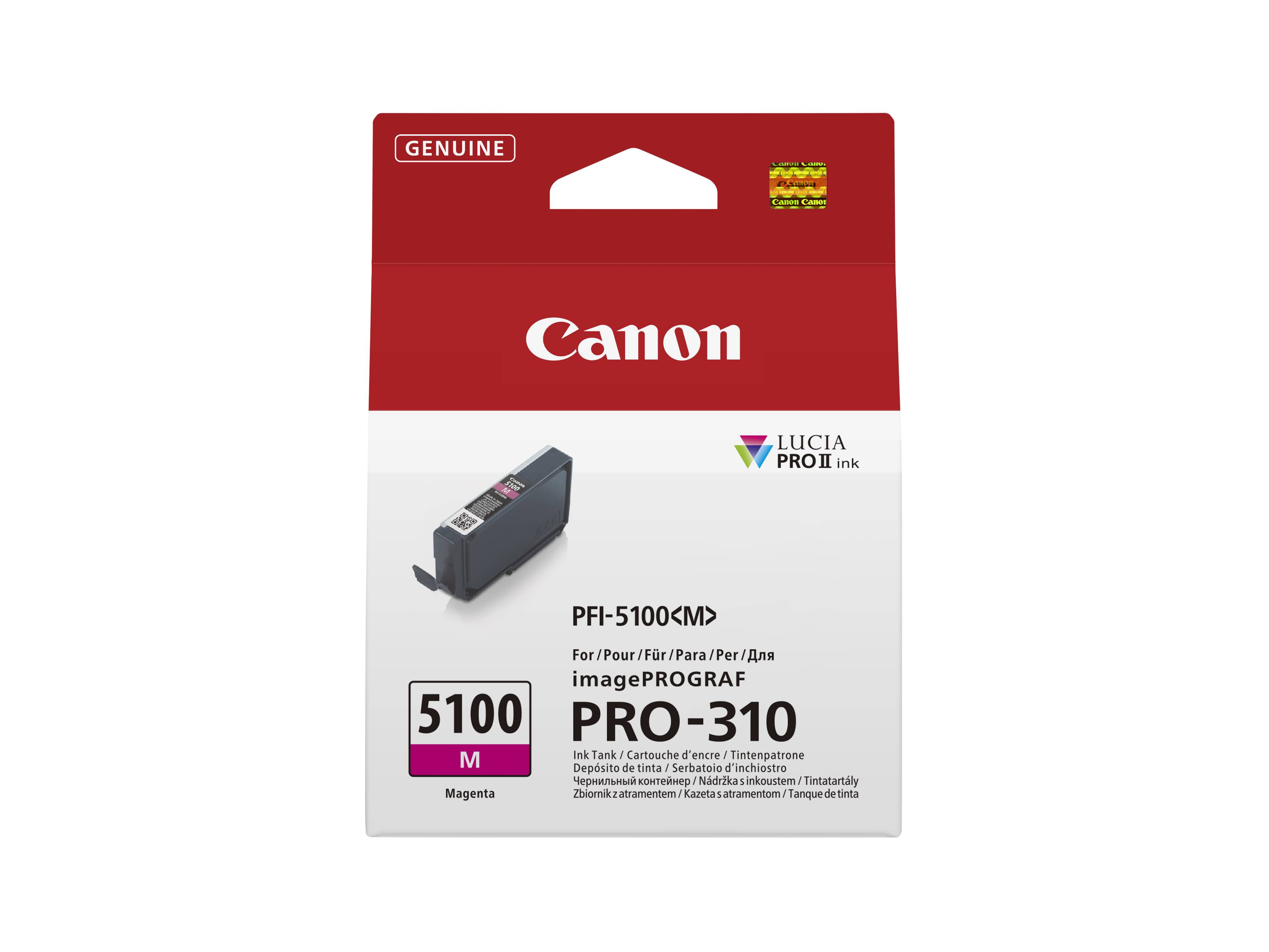Canon imagePROGRAF PRO-310 PFI-5100 Magenta-Tintenpatrone Verpackung mit Produktabbildung und Branding.