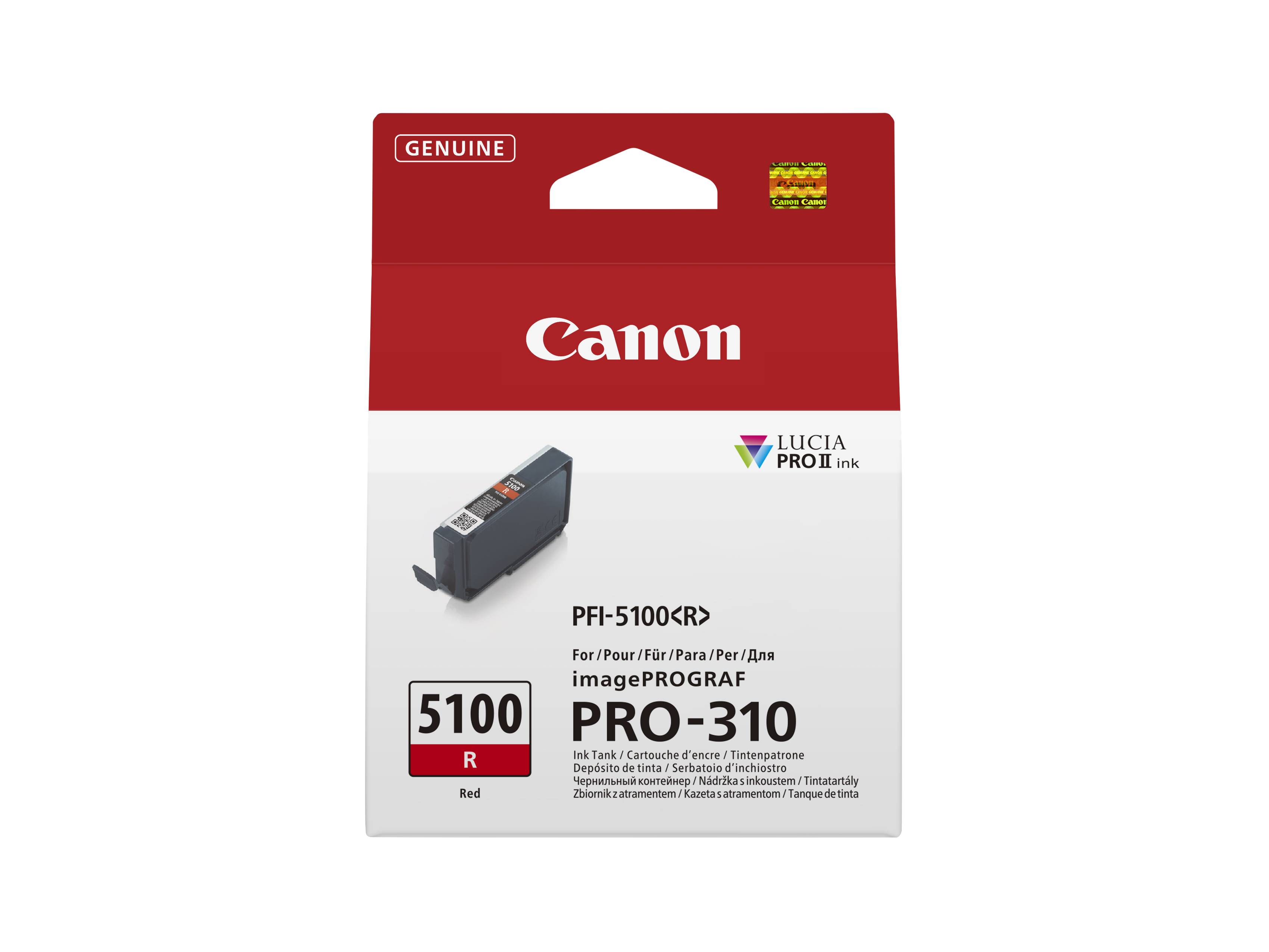 Canon imagePROGRAF PRO-310 echte rote PFI-5100 Tintenpatrone mit Produktabbildung auf der Verpackung und Etikett 5100 R.