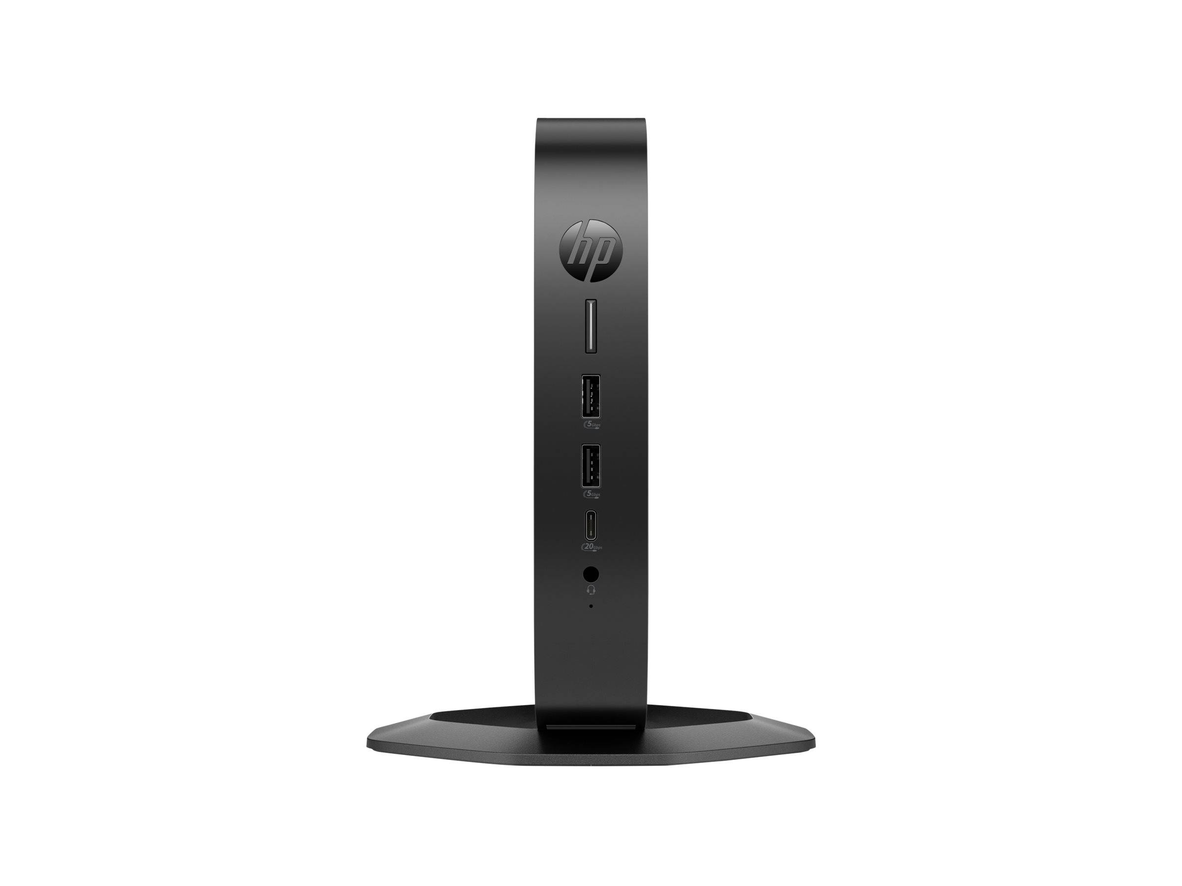 Ein schwarzer vertikaler Computerturm mit dem 'HP'-Logo oben, ausgestattet mit zwei USB-Anschlüssen und einem Kopfhörerbuchse an der Vorderseite.