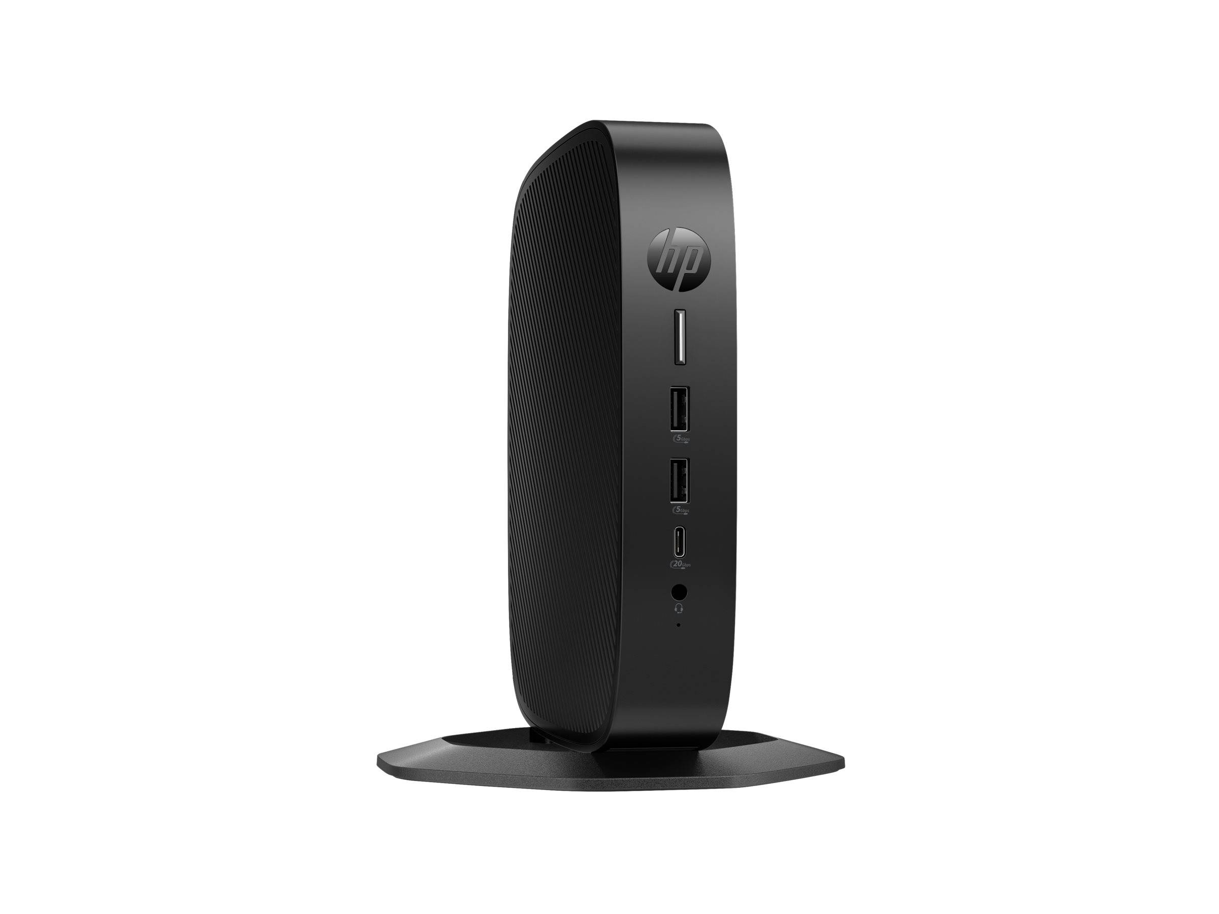 Ein schlanker, schwarzer HP Thin-Client-Computer steht vertikal auf einem Ständer und präsentiert frontal ausgerichtete USB-Ports sowie ein HP-Logo an der Seite.