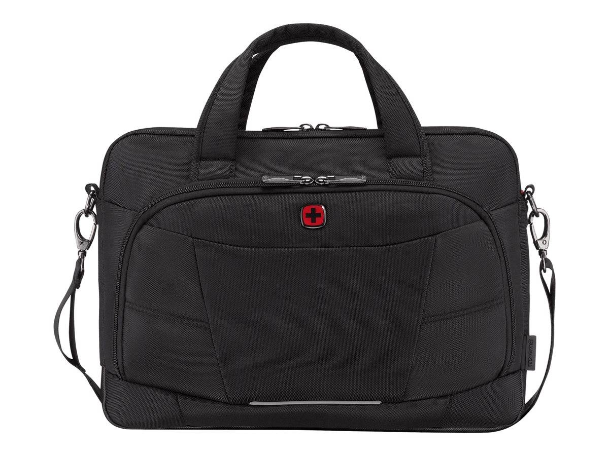 Schwarze Laptop-Aktentasche mit Griffriemen oben, Schultergurt, Reißverschlusstasche vorne und rotem Kreuzlogo auf der Vorderseite.