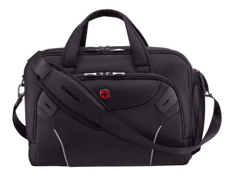 Schwarze Swissgear-Reisetasche mit Griffen oben, Schultergurt und mehreren Reißverschlussfächern auf weißem Hintergrund.