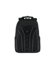 Schwarzer Rucksack mit gepolstertem Griff oben, Reißverschlusstasche vorne und geschwungenen grauen Akzentlinien auf weißem Hintergrund.