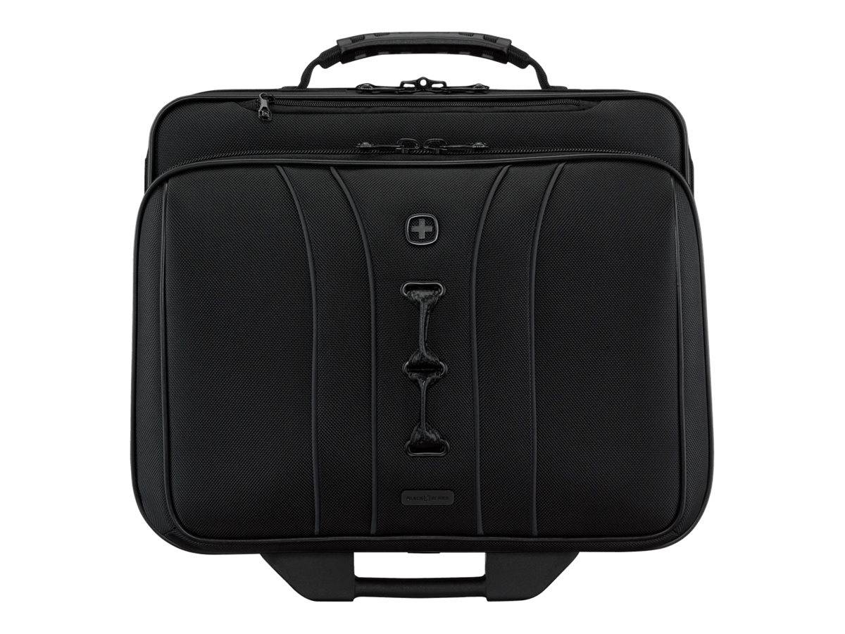 Schwarze Reisetasche im Kofferstil mit Rädern, Griff oben, Reißverschlusstasche vorne und Schweizer Kreuzlogo auf weißem Hintergrund.