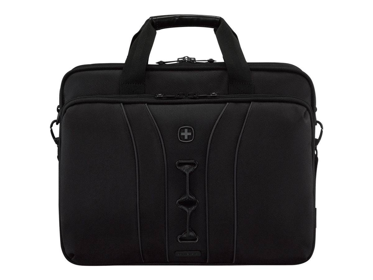 Schwarze Laptop-Aktentasche mit Tragegriff oben, vorderer Reißverschlusstasche und Schultergurt auf weißem Hintergrund.