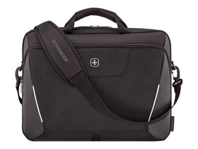 Schwarze Laptop-Aktentasche mit Schultergurt und Griff oben, mit einer vorderen Reißverschlusstasche und reflektierenden Seitenakzenten.