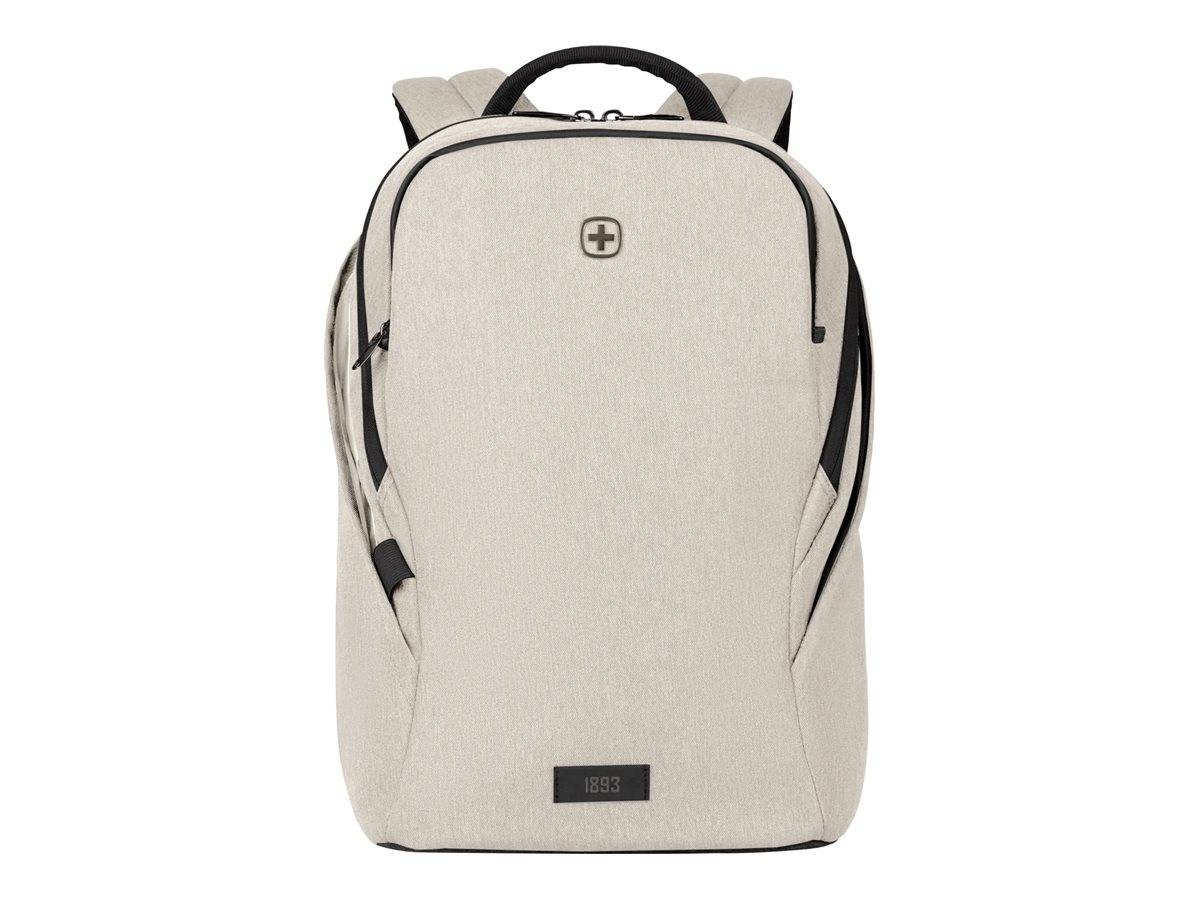 Beigfarbener Rucksack mit schwarzer Einfassung und Tragegriff, mit kleinem vorderen Logo und digitaler Anzeige in der Nähe des unteren Bereichs.