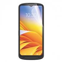Vorderansicht eines schwarzen Smartphones mit einem farbenfrohen abstrakten orange-gelben Hintergrundbild und der Uhrzeit 10:30 auf dem Bildschirm.