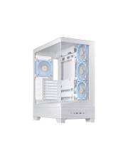 Weißes Desktop-Computer-Gehäuse mit transparentem Seitenpanel und mehreren installierten blauen Kühlventilatoren im Inneren