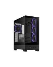 Schwarzes Desktop-PC-Gehäuse mit drei violett beleuchteten Frontlüftern und seitlichem Fenster, das die internen Komponenten zeigt.