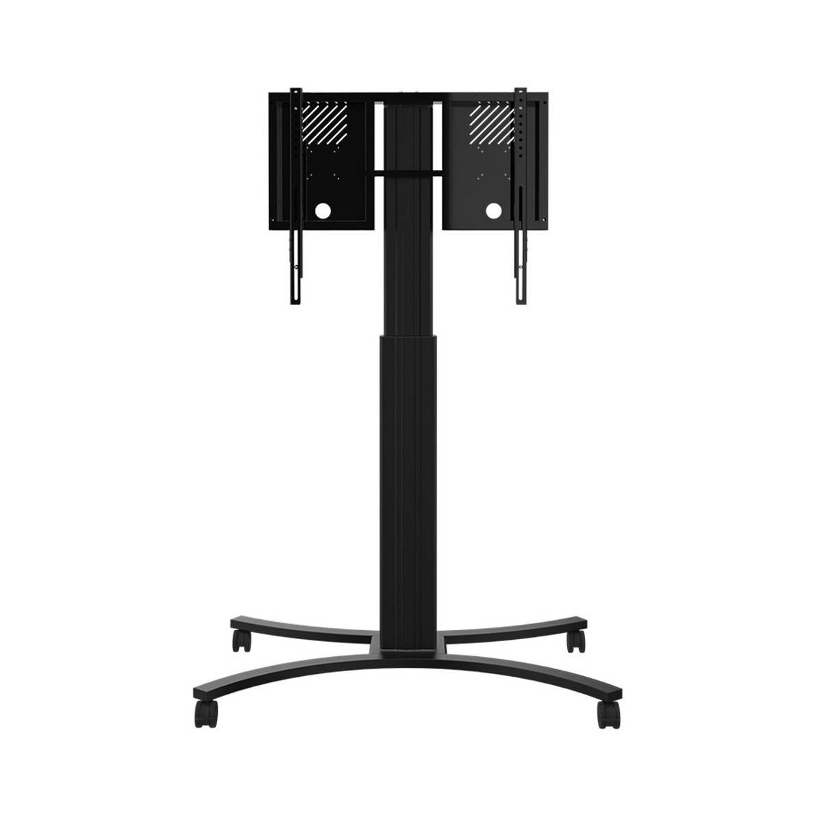 Schwarzer mobiler Fernsehständer mit verstellbarer Halterung, Rollen und vertikaler Säule zur Höhenverstellung. Geeignet für Büro- oder Heimgebrauch.
