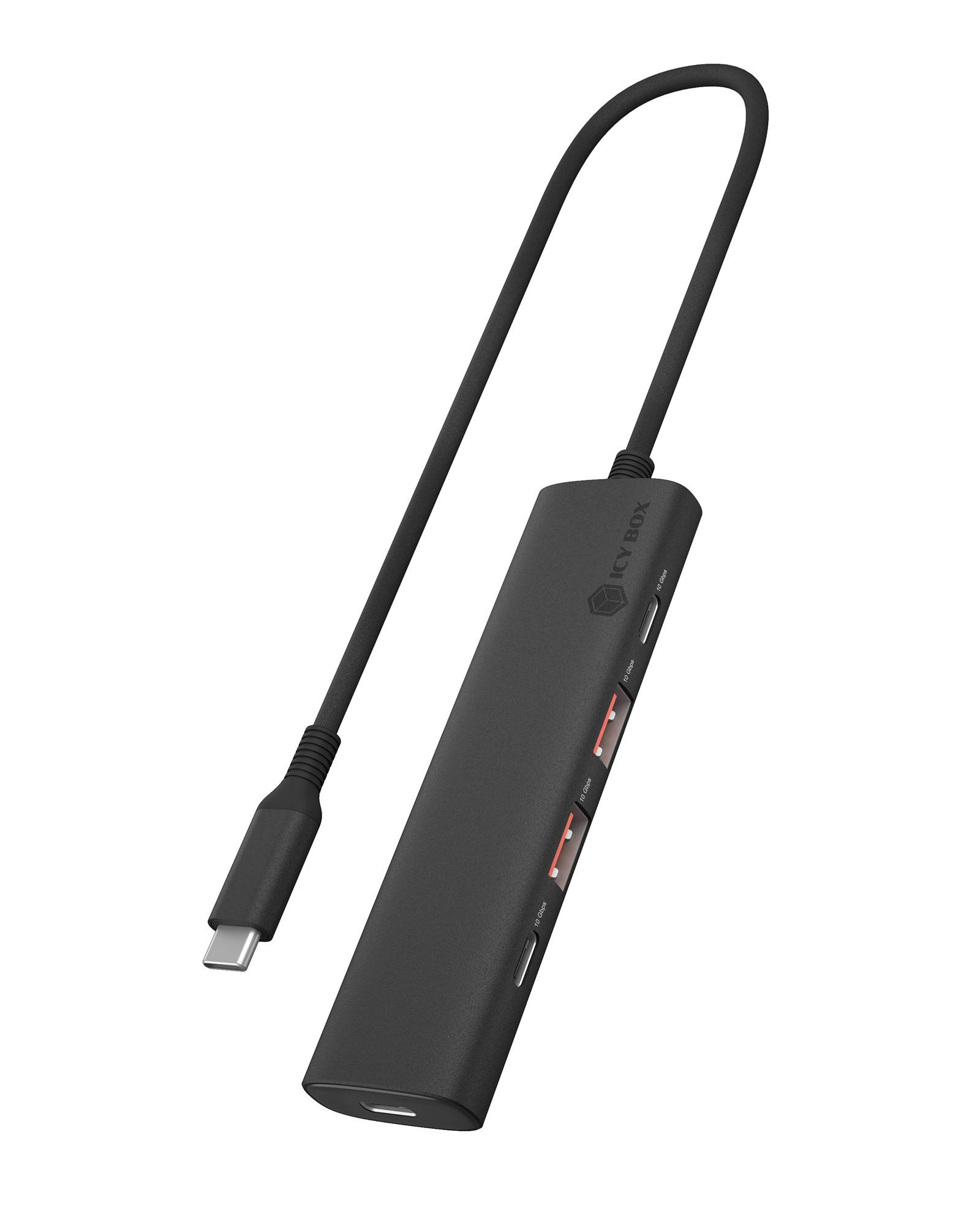 USB-C-Hub mit angeschlossenem Kabel, das drei USB-A-Anschlüsse und einen HDMI-Anschluss an einem schlanken schwarzen Adapter zeigt.