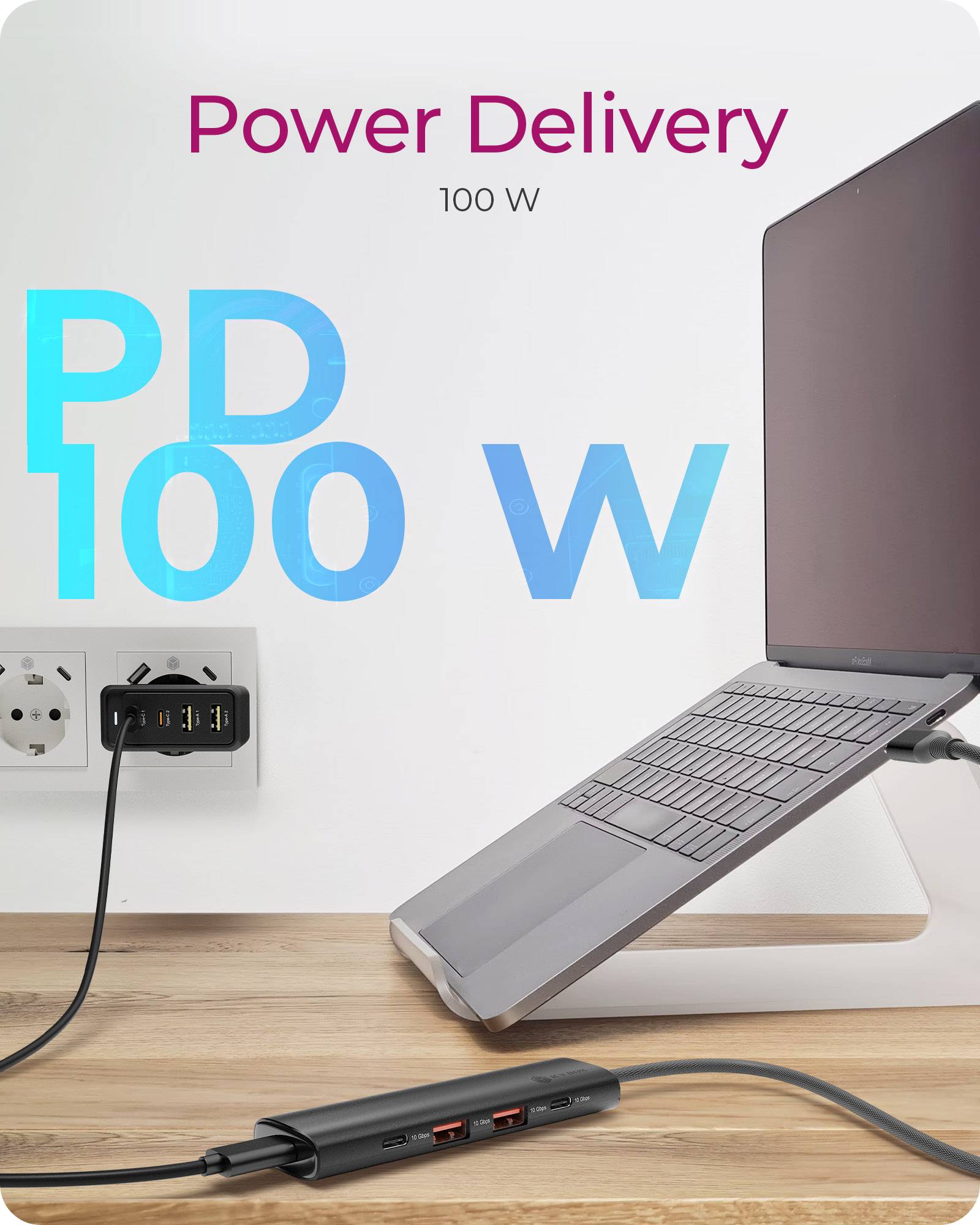 Laptop ist mit einer USB-C-Dockingstation verbunden, die mit „Power Delivery 100 W