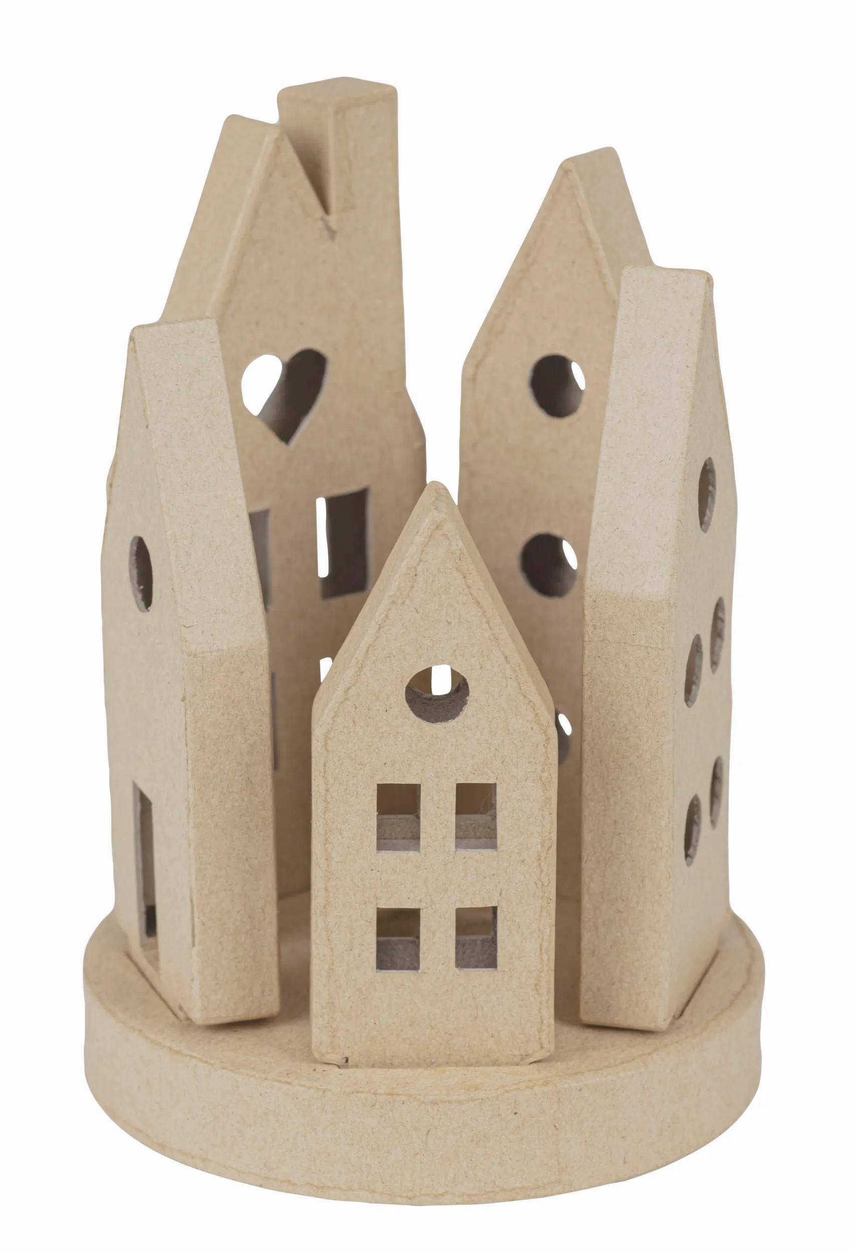 Décopatch Pappmaché, Kerzenhalter Dorf 11,5x11,5x17 cm - Kartonbraun AC933C
