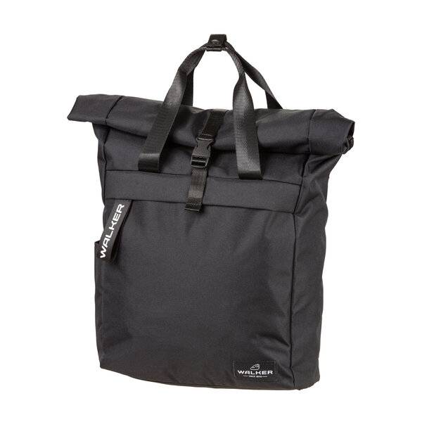 Schwarzer Rucksack mit Rollverschluss, Henkel oben und frontalem Verschluss, Marke „WALKER