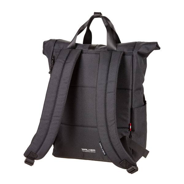 Schwarzer Rucksack mit Griffriemen und gepolsterten Schultergurten auf weißem Hintergrund, mit frontalem Logo.