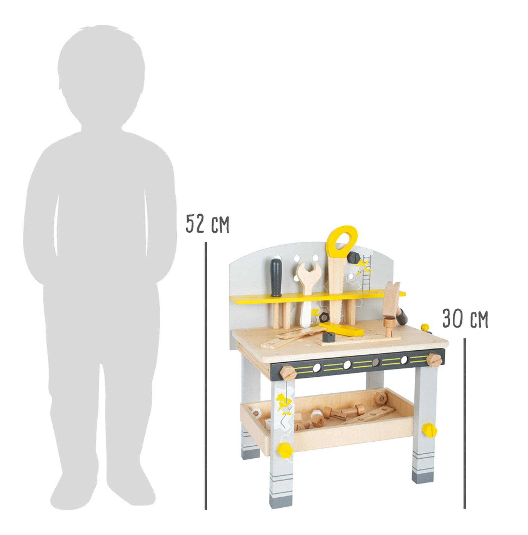 Eine Kinderwerkbank-Spielzeug mit einer Höhe von 52 cm und einer Breite von 30 cm, mit Spielwerkzeugen, neben einer Kindersilhouette zur Größenvergleichsdarstellung gezeigt.