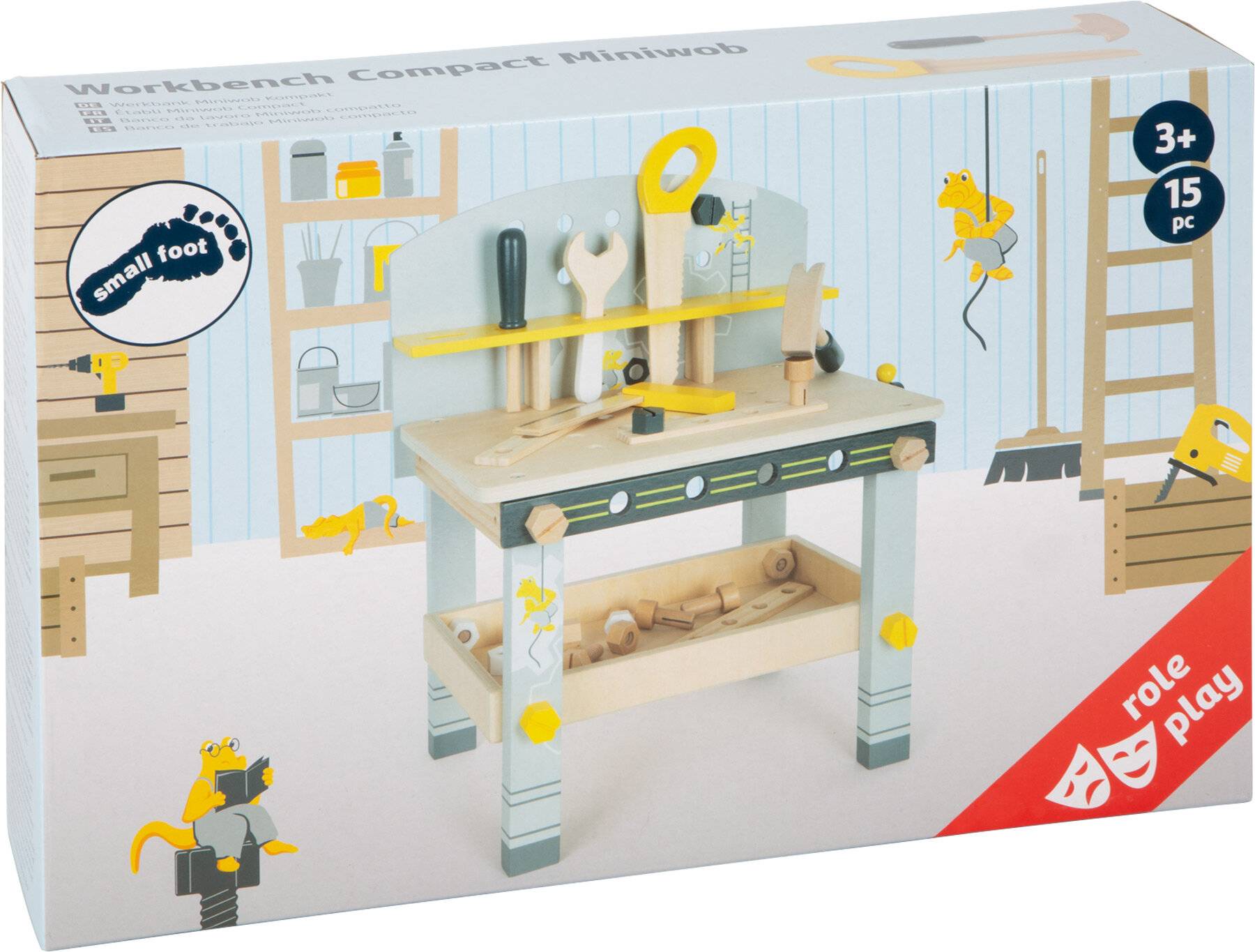 Kinder-Spielwerkbank mit Werkzeugen. Enthält verschiedene Spielzeugwerkzeuge wie eine Säge, einen Schraubenschlüssel und einen Hammer. Regale mit Spielzeugzubehör im Hintergrund.