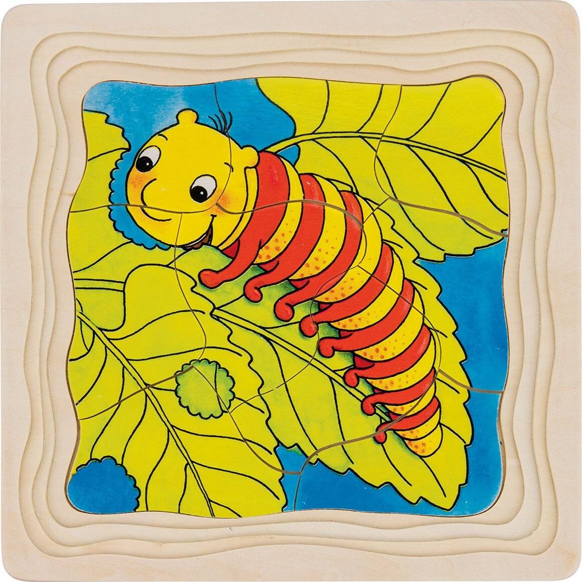 Farbenfrohes Kinderpuzzle, das eine lächelnde Raupe auf grünen Blättern vor blauem Hintergrund zeigt, in einem wellenförmigen beigen Rahmen.