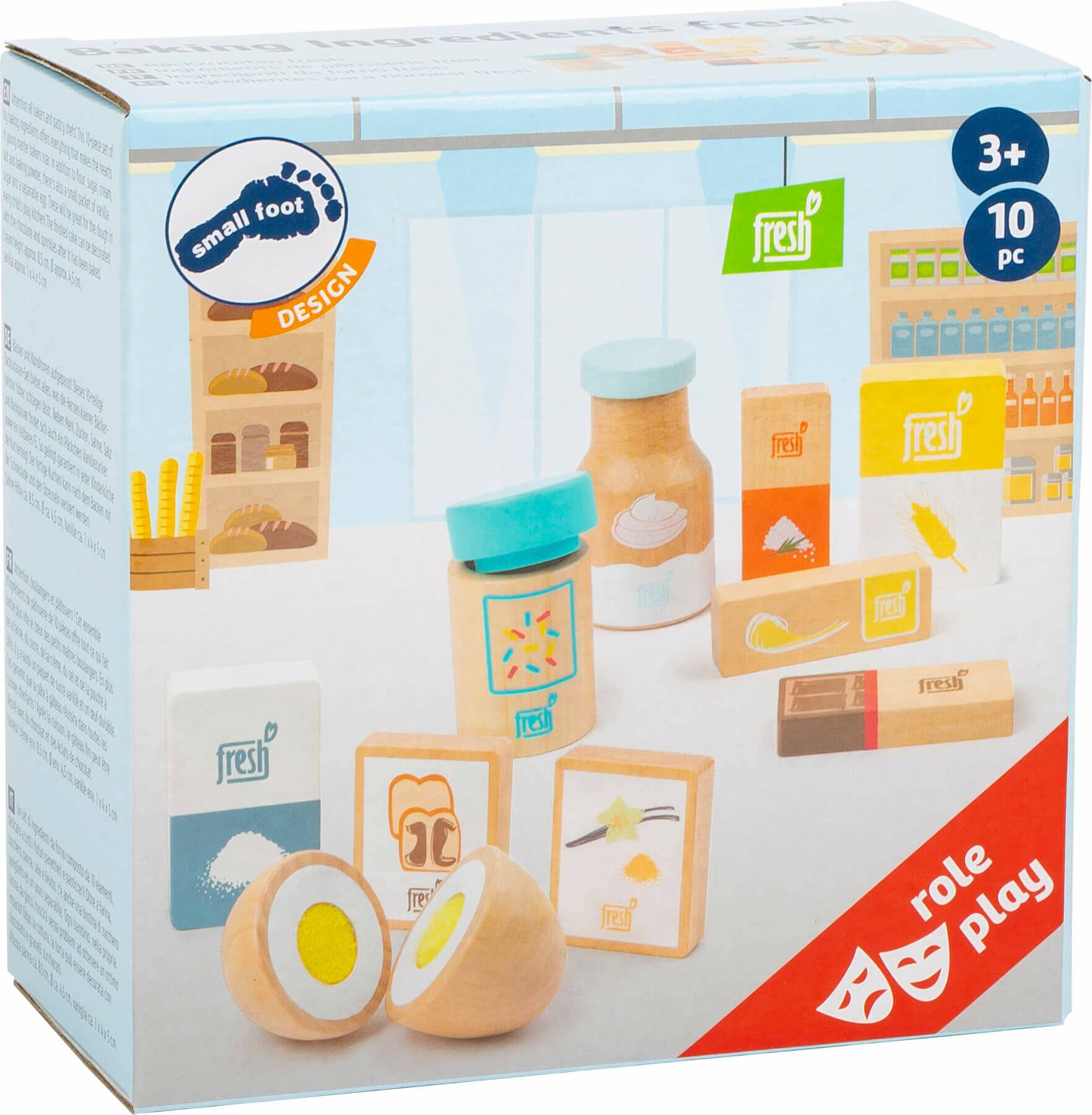 Holzspielzeug-Lebensmittelset zum Rollenspiel mit verschiedenen verpackten Artikeln und einem Ei. Geeignet für Alter 3+, enthält 10 Teile.