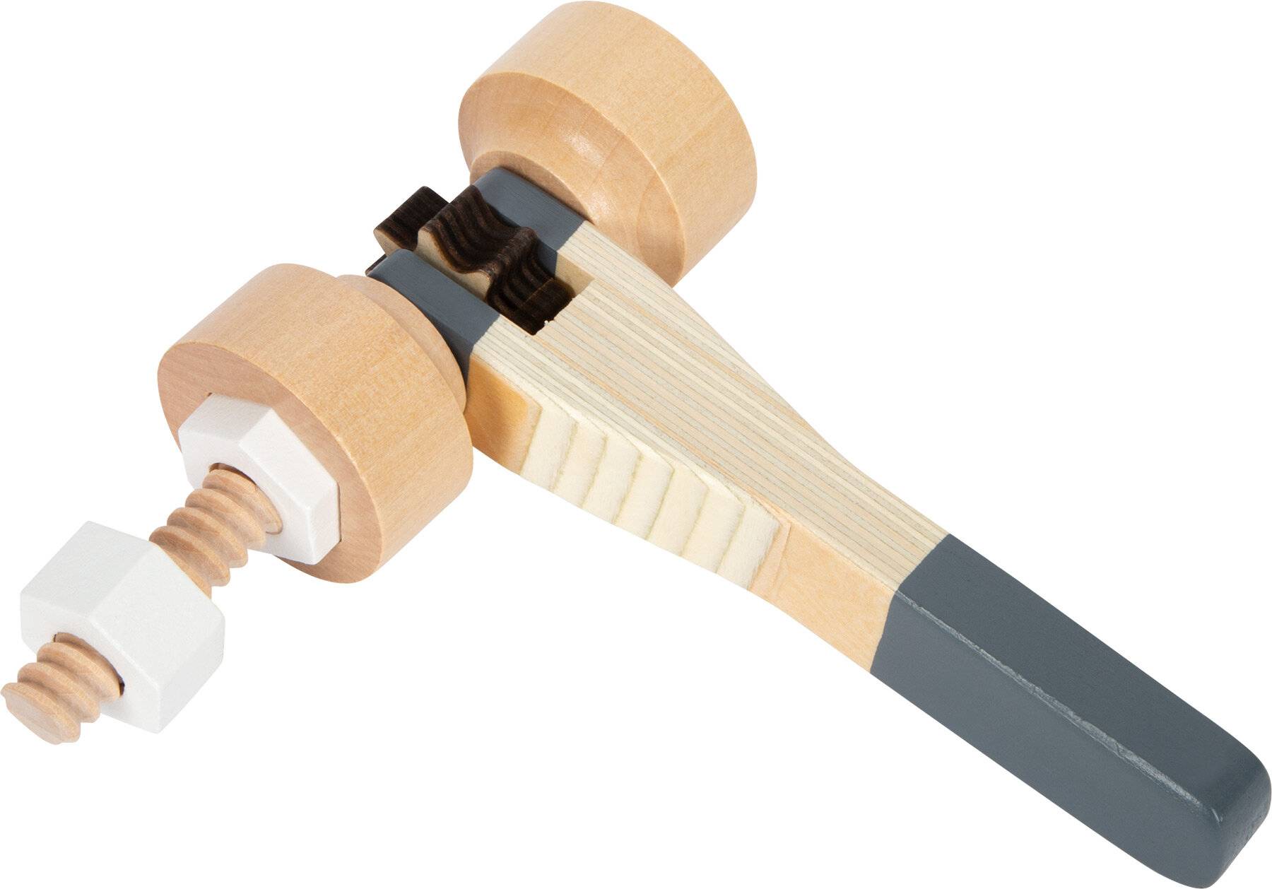Ein hölzerner Spielzeugschraubenmechanismus mit zwei ineinandergreifenden Teilen, bestehend aus hellem und dunklem Holz und demonstrierend eine einfache zahnradähnliche Funktion.