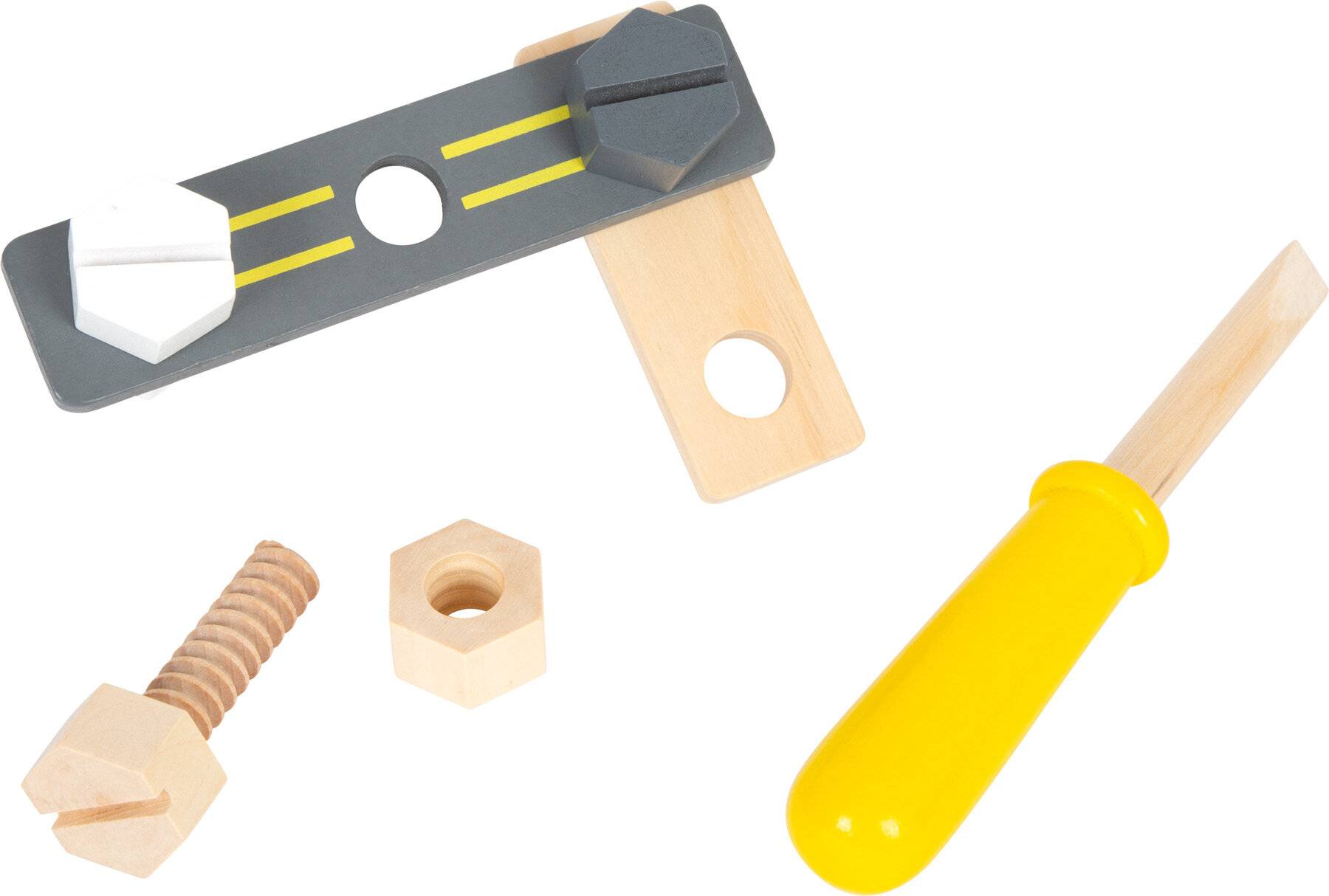 Ein Holzspielzeug-Baukastensatz mit gelbem Griff, Schraube, Bolzen und grauen sowie beigefarbenen Teilen mit Löchern zur Montage.